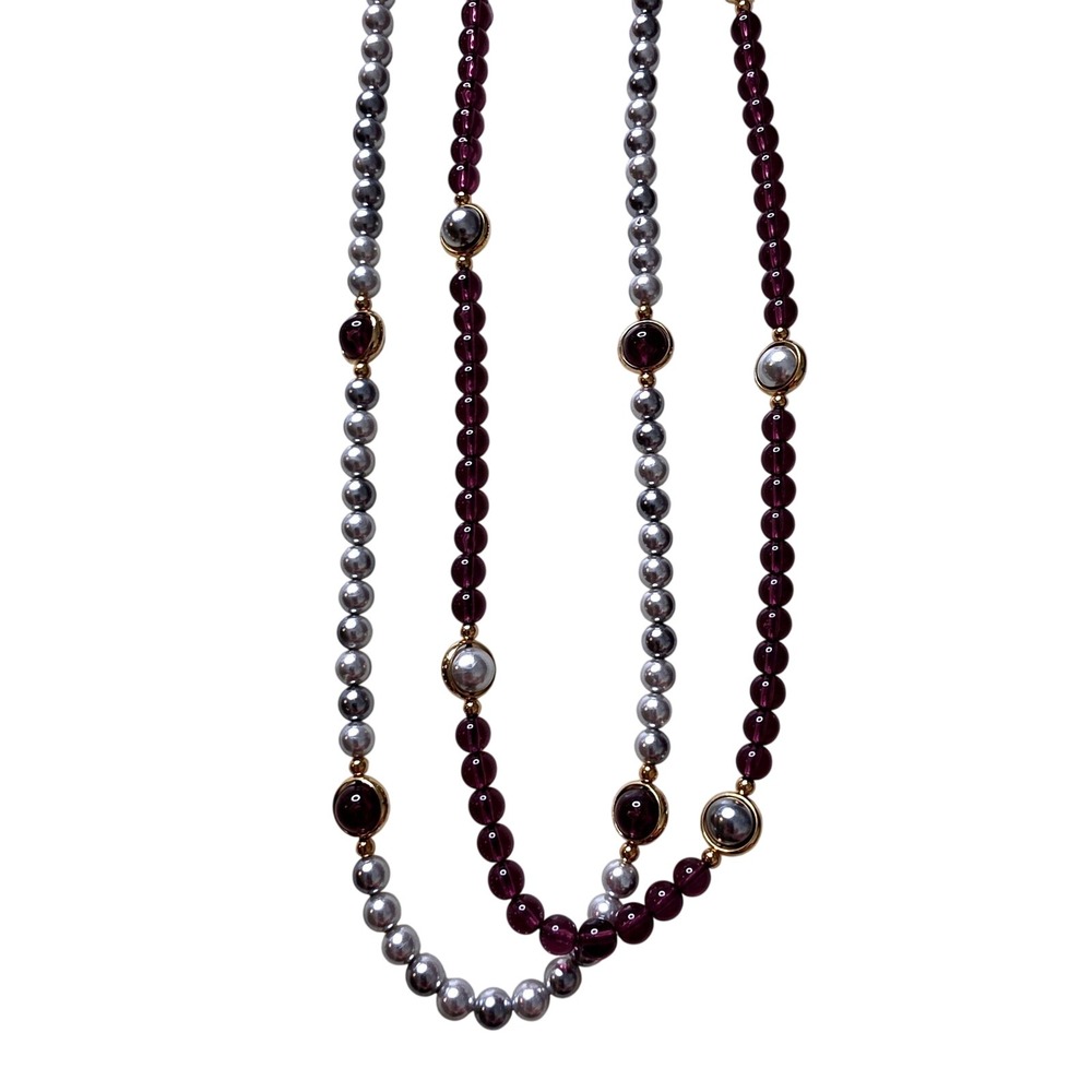 Vintage 1980s Avon Heather and Mist Long Necklace Set Purple Grey Beaded NWT